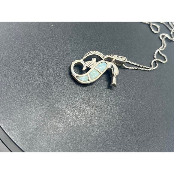 Blue Larimar and CZ Sterling Silver Seahorse Sea Life Caribbean Blue Necklace - Picture 11 of 12
